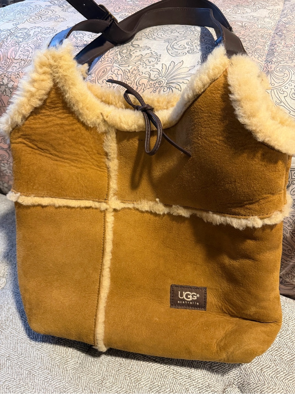 UGG Chestnut Suede Tote with Cream Shearling Trim
